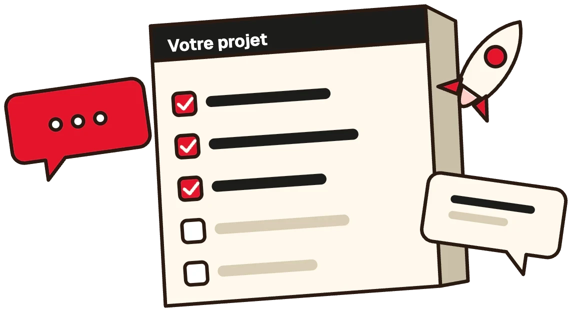 Illustration en relief : un tableau « Votre projet » avec des étapes cochées, deux bulles de discussion et une fusée qui décolle pour la mise en ligne.