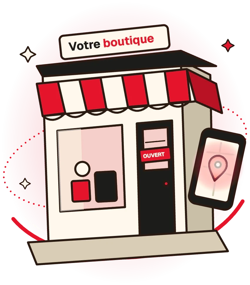 Illustration en relief : une boutique avec son enseigne « Votre boutique », un store rayé orange et la pancarte « Ouvert », à côté d'un téléphone affichant son emplacement sur une carte.